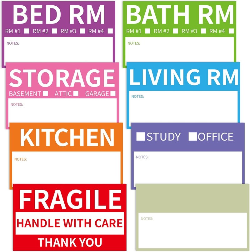 TRYXN 340 Home Moving Labels, 3.4 x 2 inches, 8-Color Coded Packing Box Stickers with Fragile and Blank Customizable Labels - Image 1